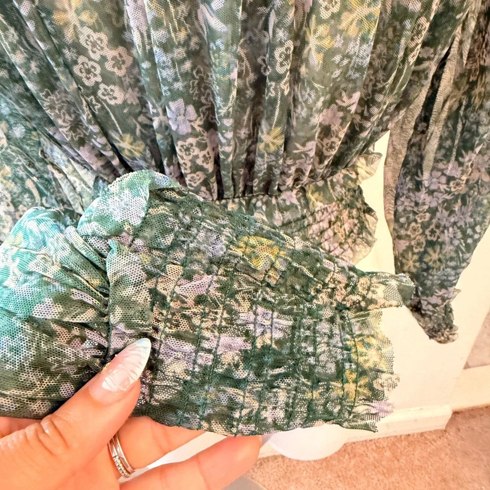 Free People Floral Mesh Crop Top Womens XS Green Boho Smocked Ruffle Blouse